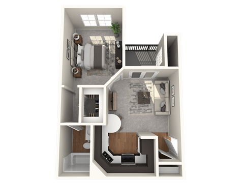 Floor plan for 1 bed, 1 bath, 491 sqft